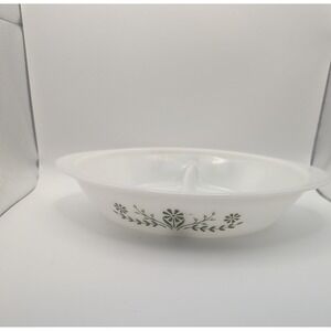 Vintage Glasbake Divided Casserole Dish White Green Daisy J2352 Milk Glass